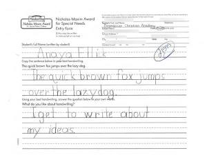 Photo of handwritten script "Anaya Ellis, The quick brown fox jumps over the lazy dog, i get to write about my ideas"