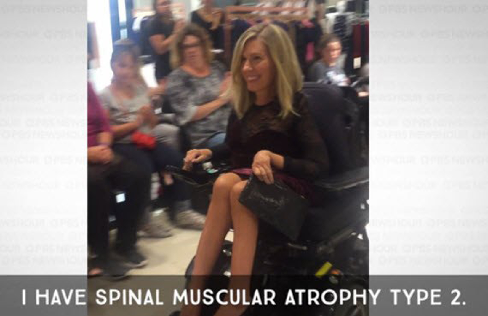 a woman in a power wheelchair with text on screen "I have spinal muscular atrophy type 2"