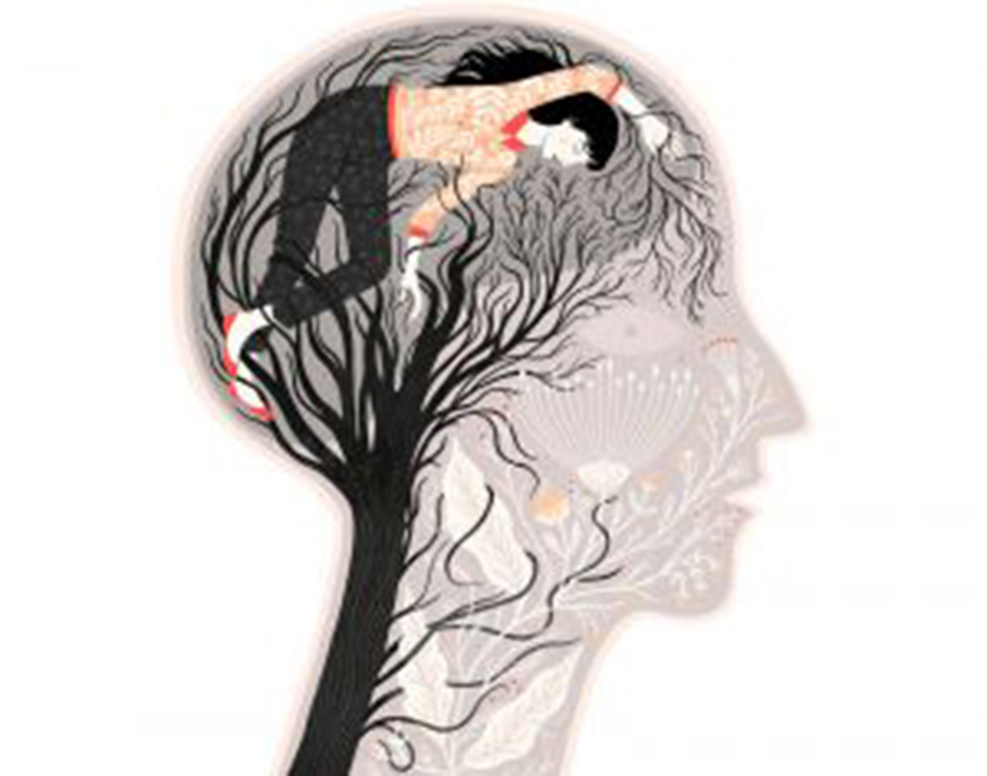 illustration of a human head with tree branches growing into the brain and a human body tangled in the branches
