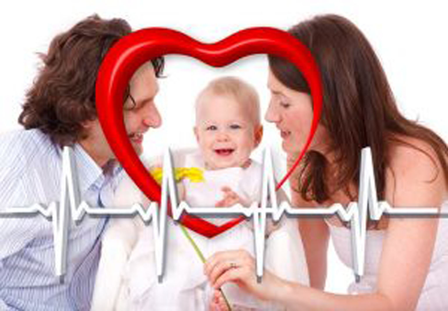 mom, dad and baby with an overlay of a heart outline and a heartbeat line