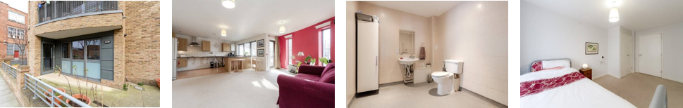 a photo of the outside of Toby's apartment, an accessible kitchen and lounge, wet room, and accessible bedroom with electric profiling bed