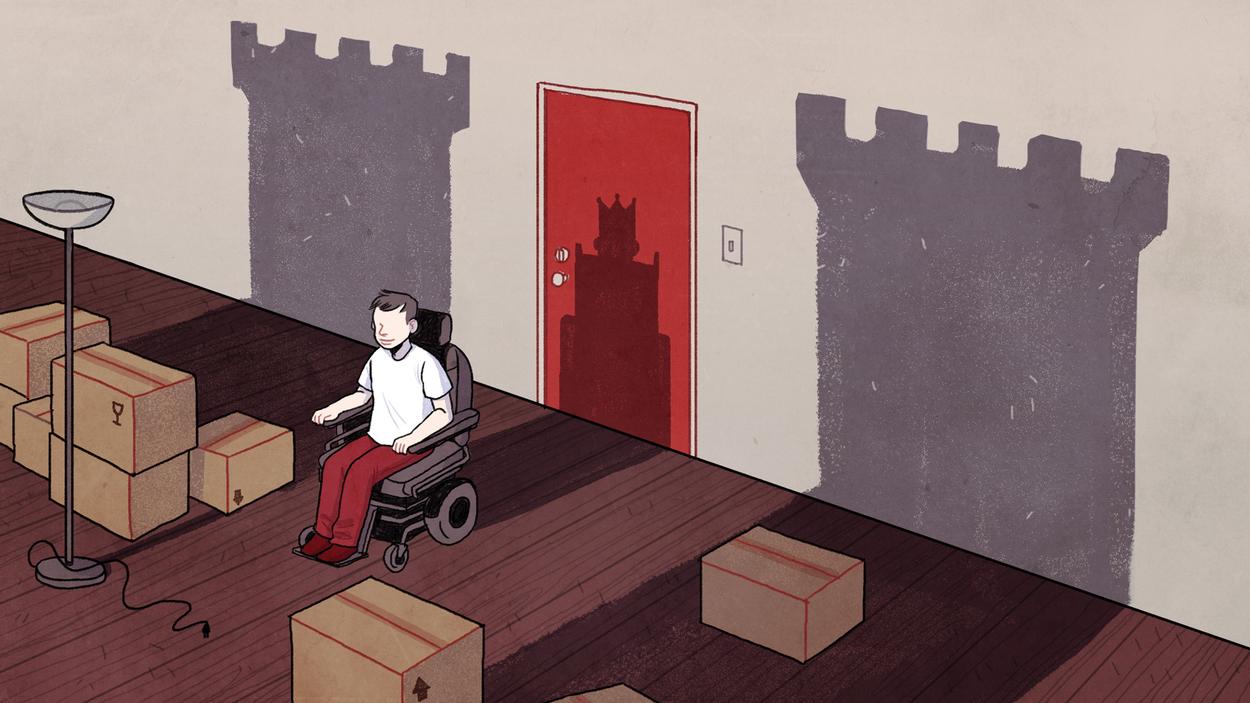 an illustration of guy in wheelchair alone in apartment with shadows resembling a crown and castle behind him