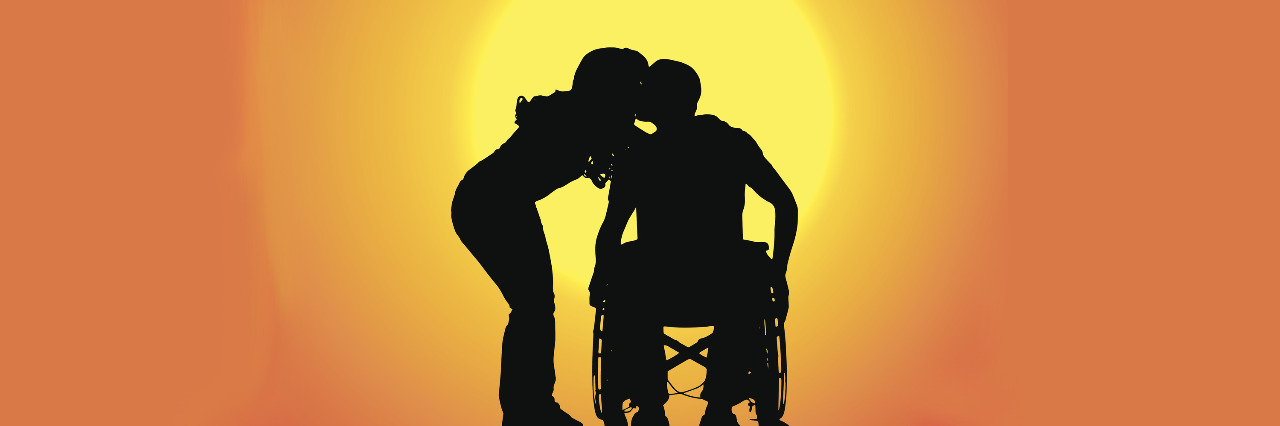illustration of woman and man in wheelchair kissing 