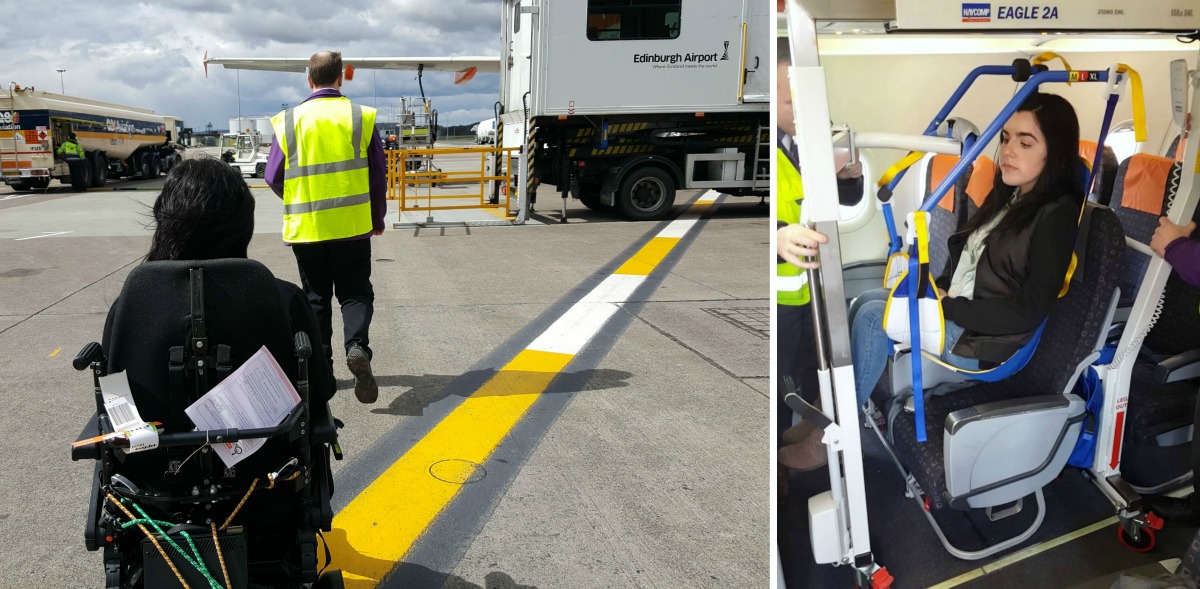 Split picture of Emma being escorted to the plane and then her in the Eagle lift being transferred into the seat