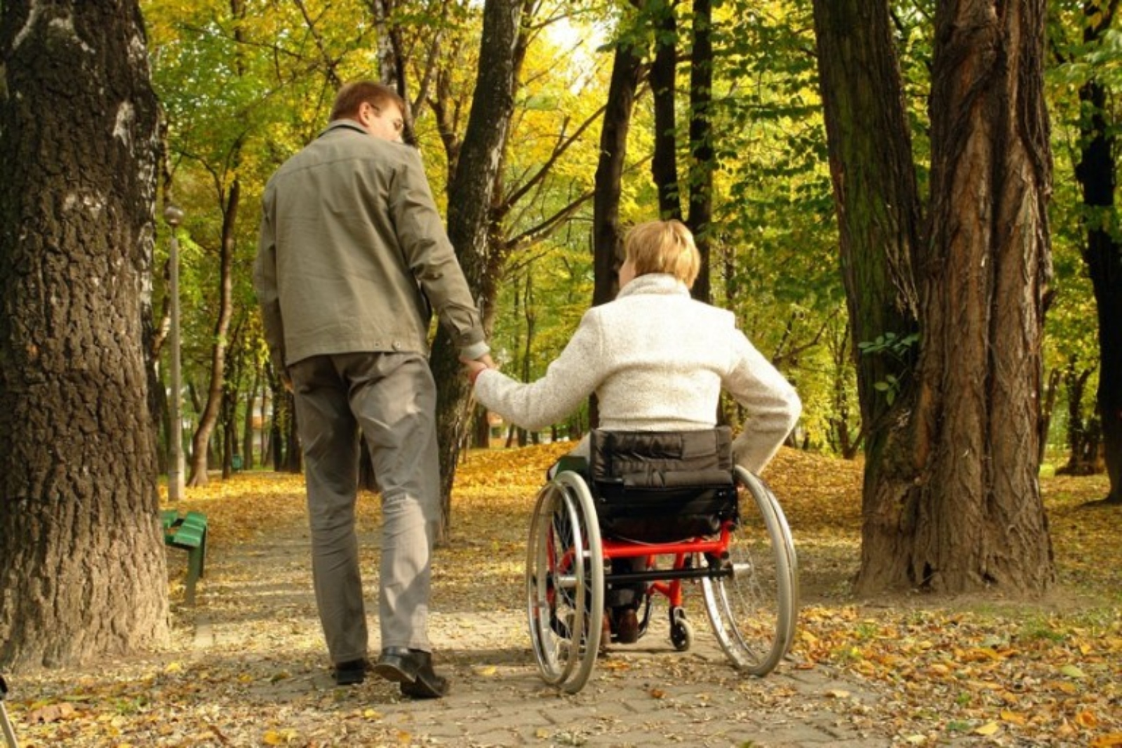 Woman in wheelchair and man holding hands in a fall setting