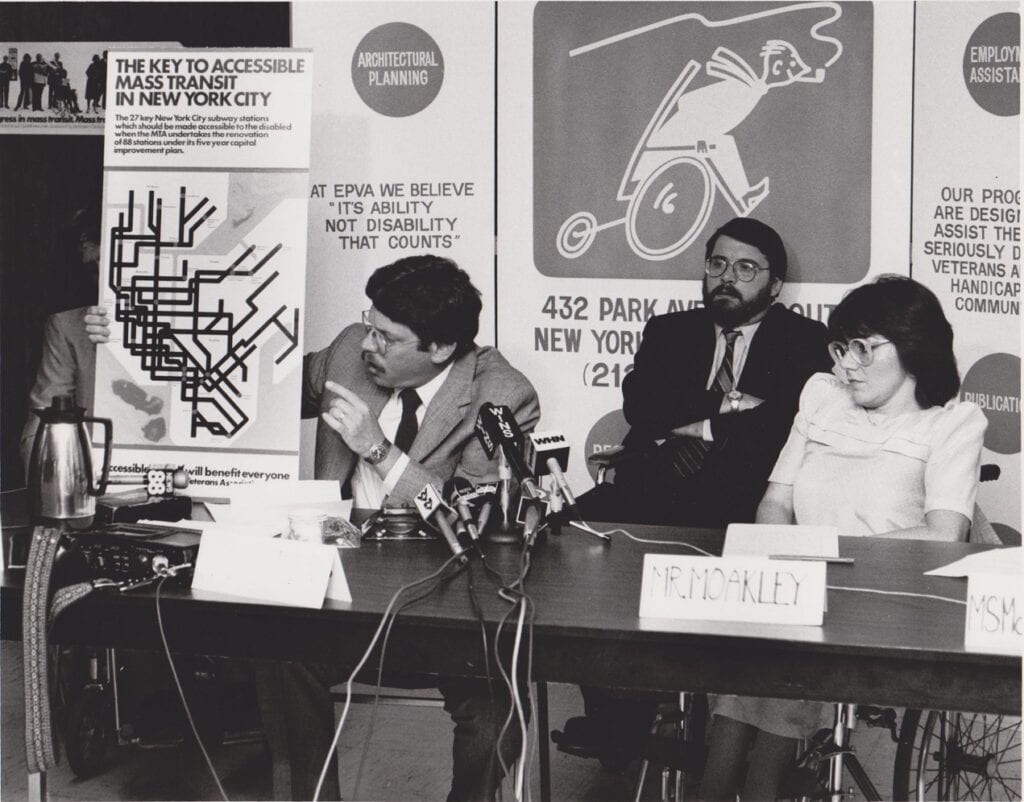 Denise with James Weisman (left) and Terry Moakley (middle) during their fight to make NYC's key subway stations accessible.