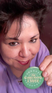 Elaine-Stefanowicz holding Alaska Vote pin