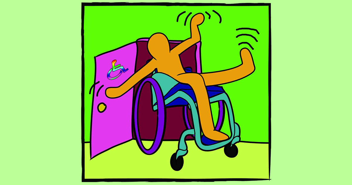 An illustration of an LGBTQIA+ wheelchair user joyfully emerging from a purple closet.