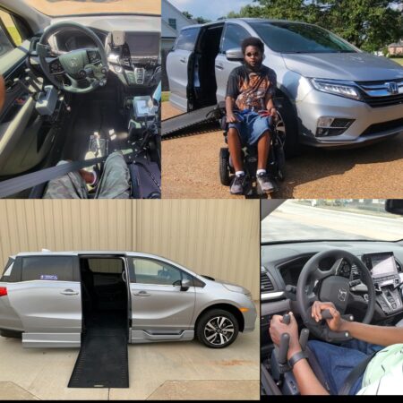 man in wheelchair in photo collage with accessible van
