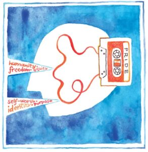 A cassette tape labeled "pride."