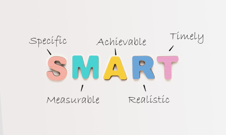 Colorful letters spell out the word smart, and lines lead to the letters in the word. The lines lead to the words specific, measurable, achievable, realistic and timely. 