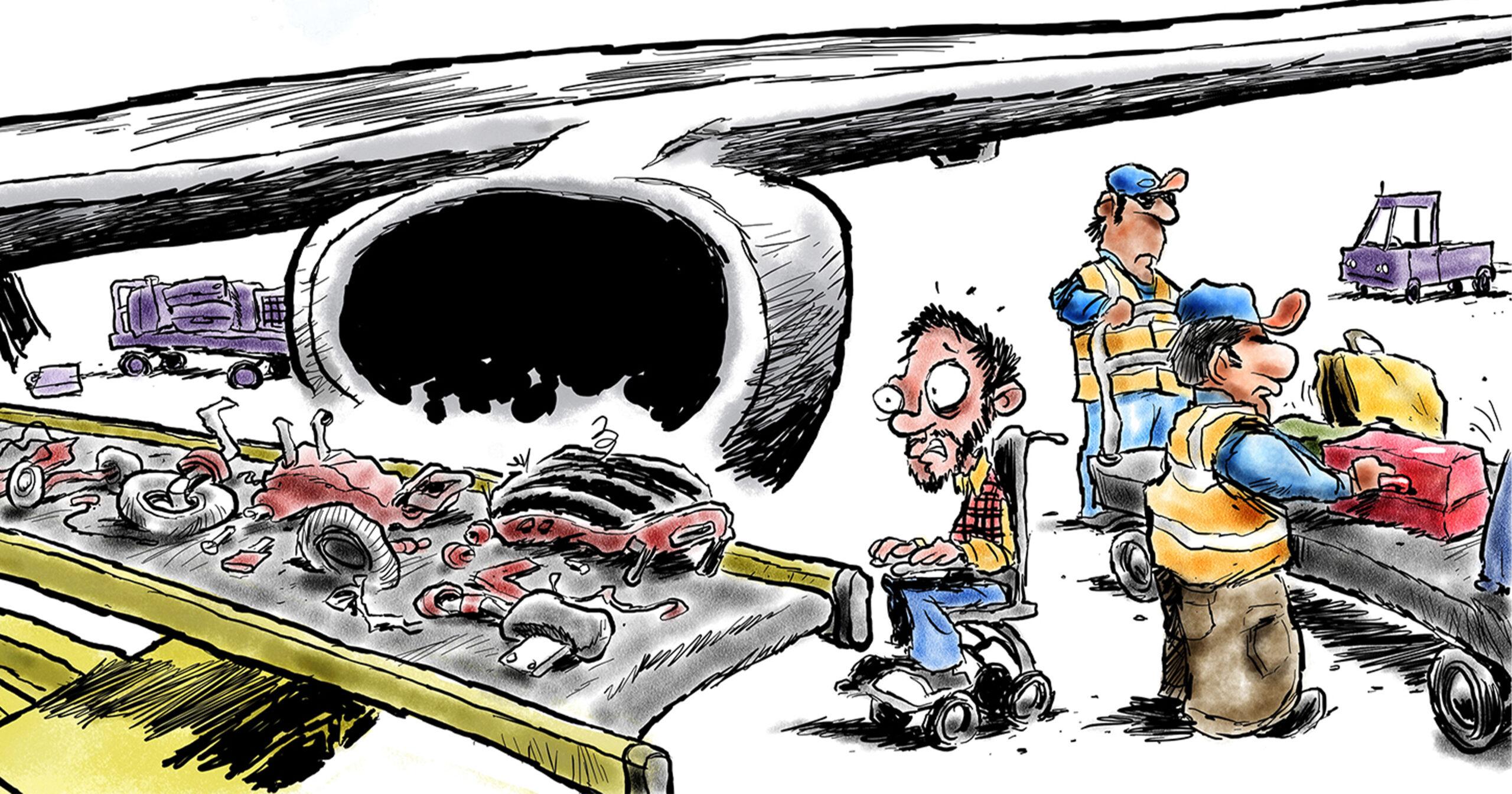This illustration shows a wheelchair user horrified to see his equipment destroyed as it comes off an airplane conveyer belt.
