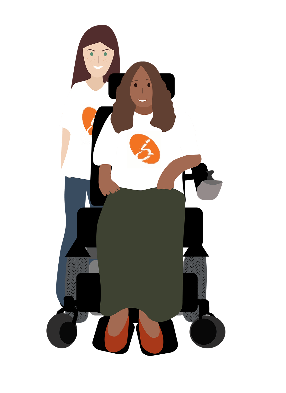 illustration of woman in a wheelchair with caregiver standing behind her