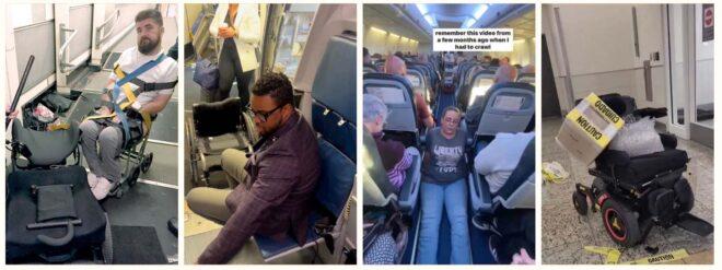 This collage shows wheelchair users dealing with mistreatment from the airlines.