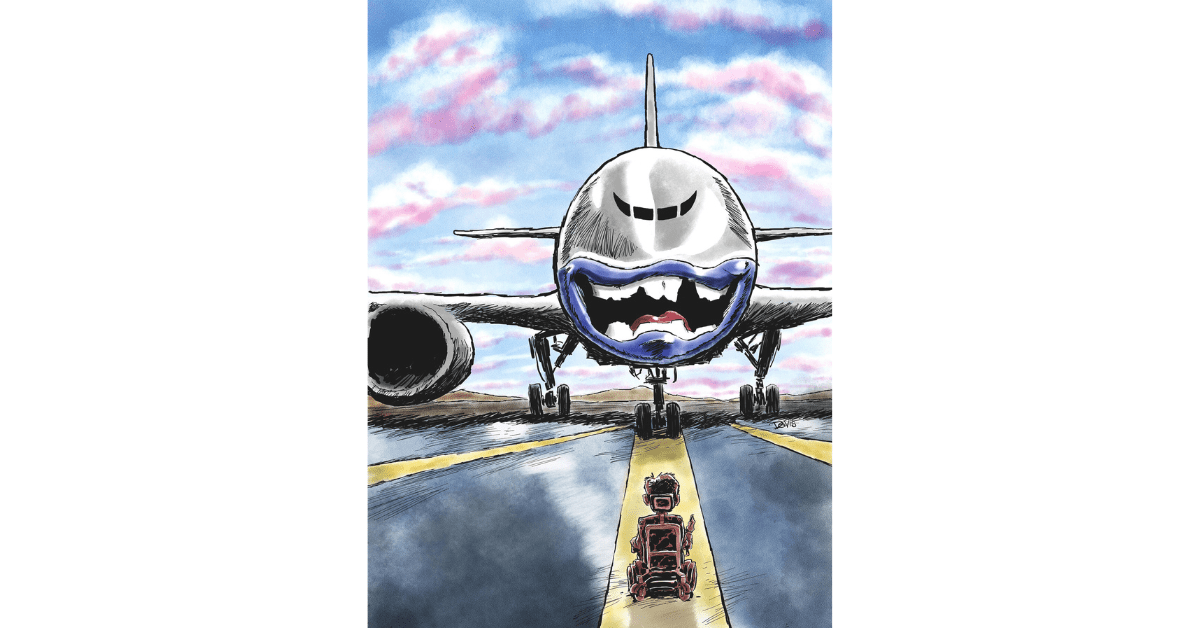 illustation of an airplane with an angry expression facing a person in a powerchair on the runway.