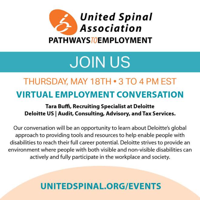 Pathways to Employment virtual employment conversation with Tara Buffi, National DEI Senior Experienced Hire (People with Disabilities) Recruiting Specialist at Delloite - Deloitte US | Audit, Consulting, Advisory, and Tax Services.