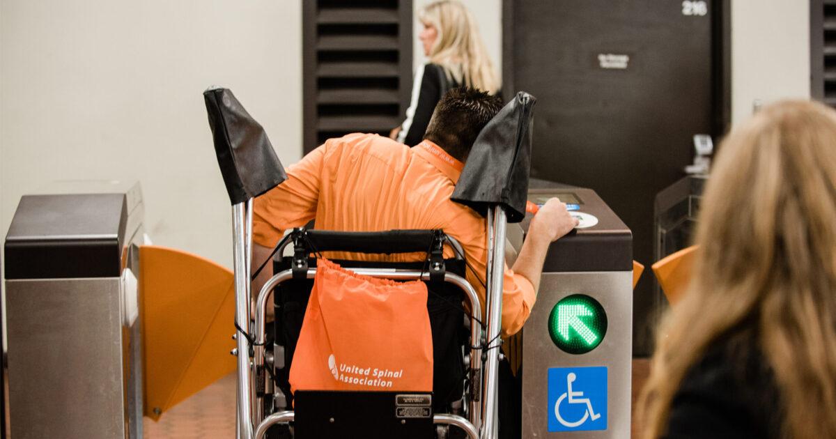 A wheelchair user accesses Washington, D.C.'s Metro system.