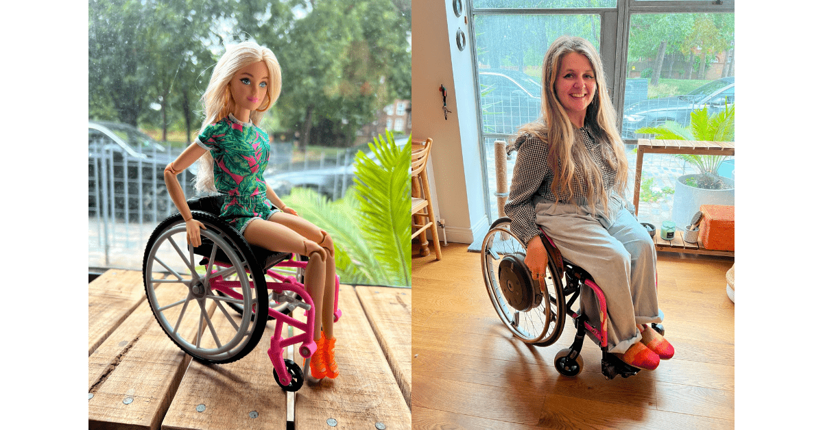 An image of a wheelchair barbie toy next to a separate image of Katie Pennick, a blonde white women in a pink wheelchair.