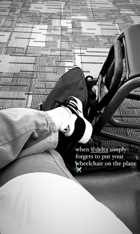 black and white photo of an aisle chair and a person's feet with the caption "when delta simply forgets to put your chair on the plane"