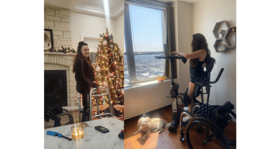 A collage of Shannon, a white female with brown hair, uses her KAFO braces and standing frames with her wheelchair next to her.