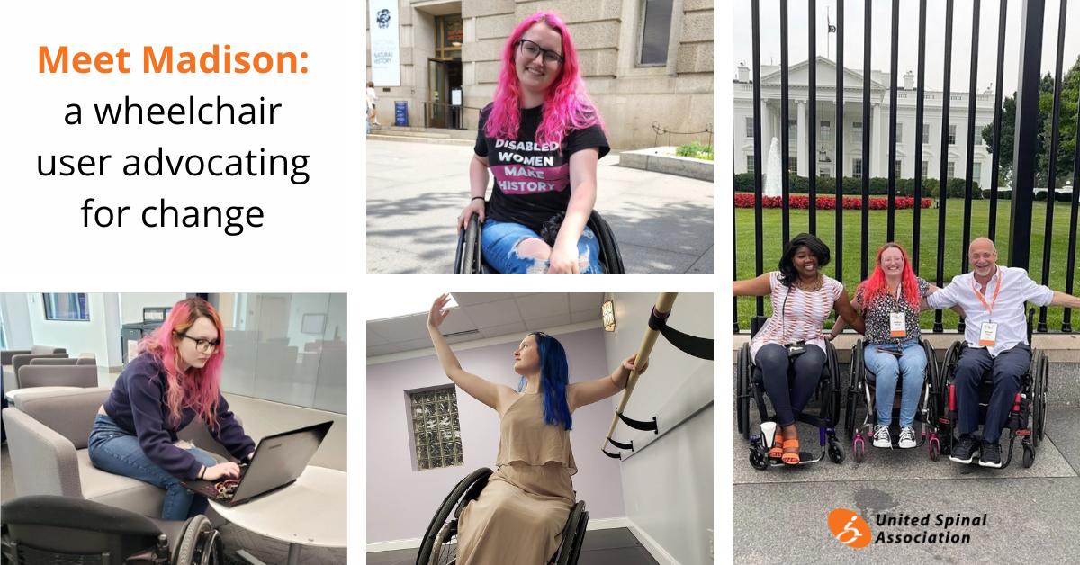 A collage of photos of Madison Russell, a white woman with pink hair that is a wheelchai