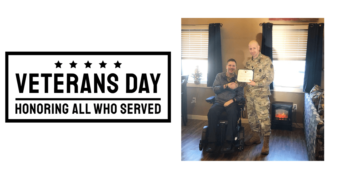 Graphic that says "Veterans Day, honoring all who served" next to a photo of United Spinal member Josh Keller.