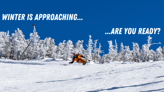 Photo shows someone on a sit-ski surrounded by snow and trees. Text says winter is approaching are you ready?