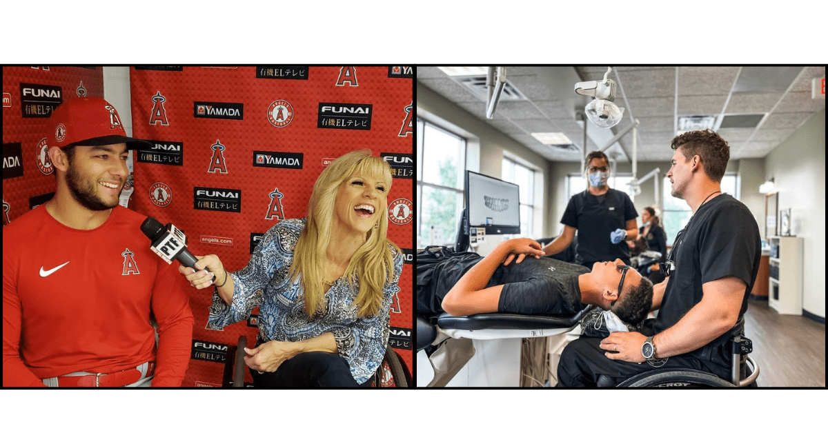 two wheelchair users, a white woman sportscaster and a white male orthodontist