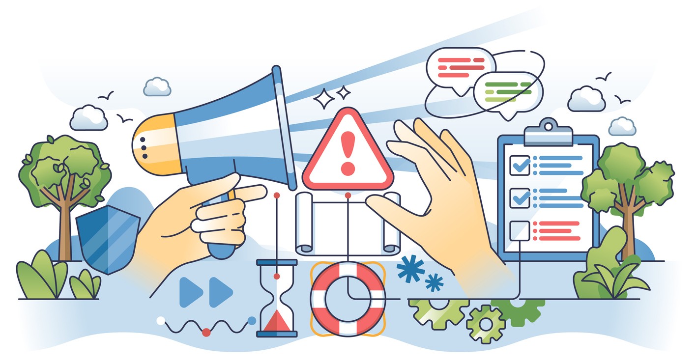 Emergency situation message with problem solution and fast response vector illustration. Business reputation recovery.