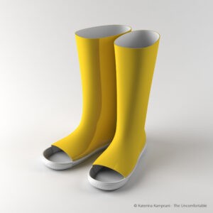 Bright yellow rain boots with the toes cut out. 