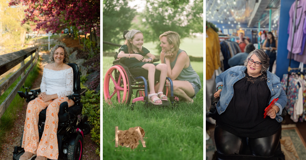 college of two women in wheelchairs and a child in a wheelchair smiling with her mother