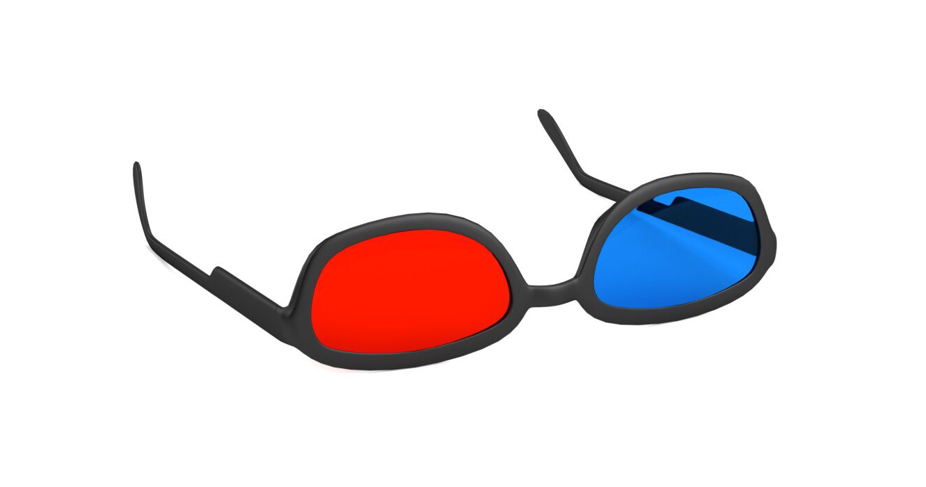 an upside-down pair of glasses with one side red and the other blue.
