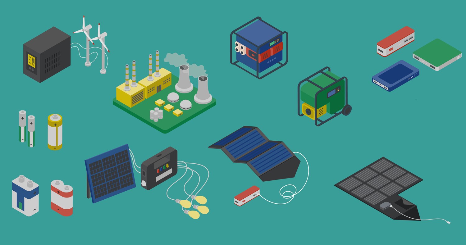 Portable energy sources. Isometric vector illustration. Portable power generator. Solar panel energy.