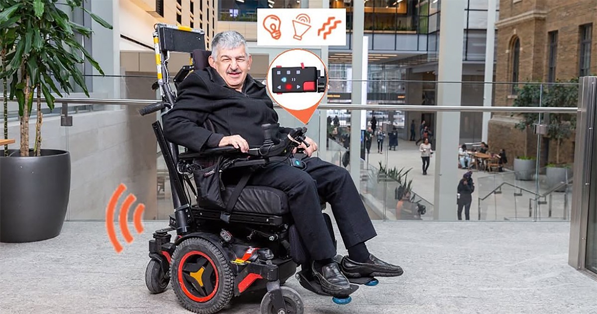 man in powerchair with inset showing sensor control
