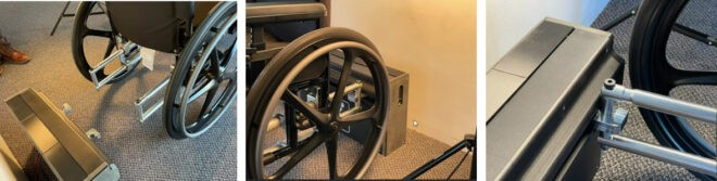 A manual wheelchair has folding small metal bars attached to the bottom of its frame that are shown connecting with powerful magnets to demonstrate a possible securement solution.