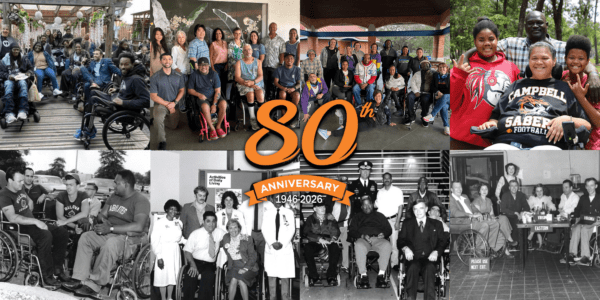 collage of old B&W photos of people in wheelchairs and recent images of groups of wheelchair users mostly from chapter events