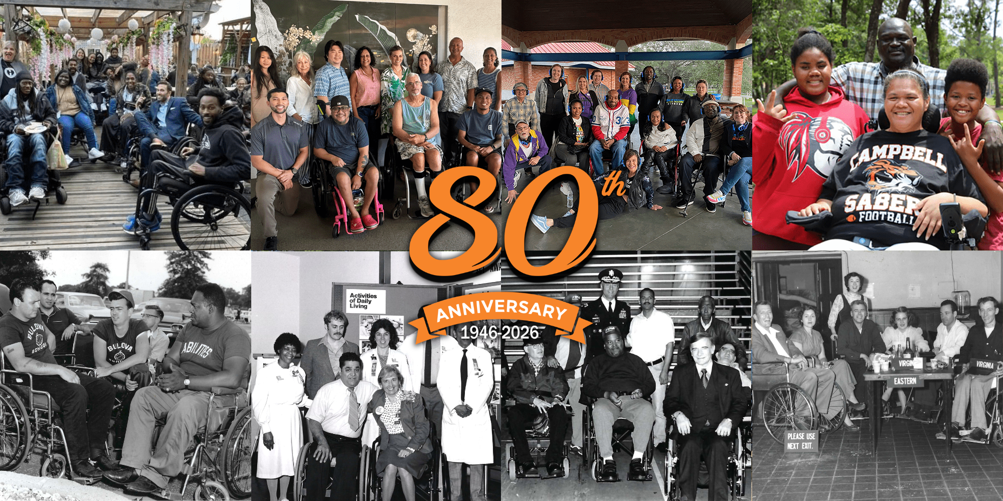 collage of old B&W photos of people in wheelchairs and recent images of groups of wheelchair users mostly from chapter events