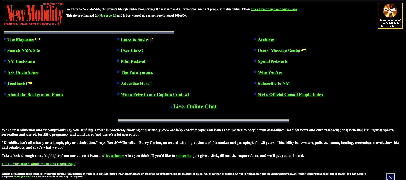 Image-less screen shot of an old New Mobility webpage showing various bullet points in bright green text with a black background
